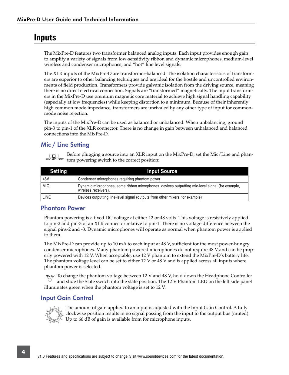 Inputs, Mic / line setting, Phantom power | Input gain control | Sound Devices MixPre-D User Manual | Page 6 / 18