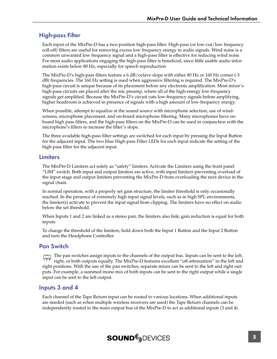 High-pass filter, Limiters, Pan switch | Inputs 3 and 4 | Sound Devices MixPre-D User Manual | Page 7 / 18