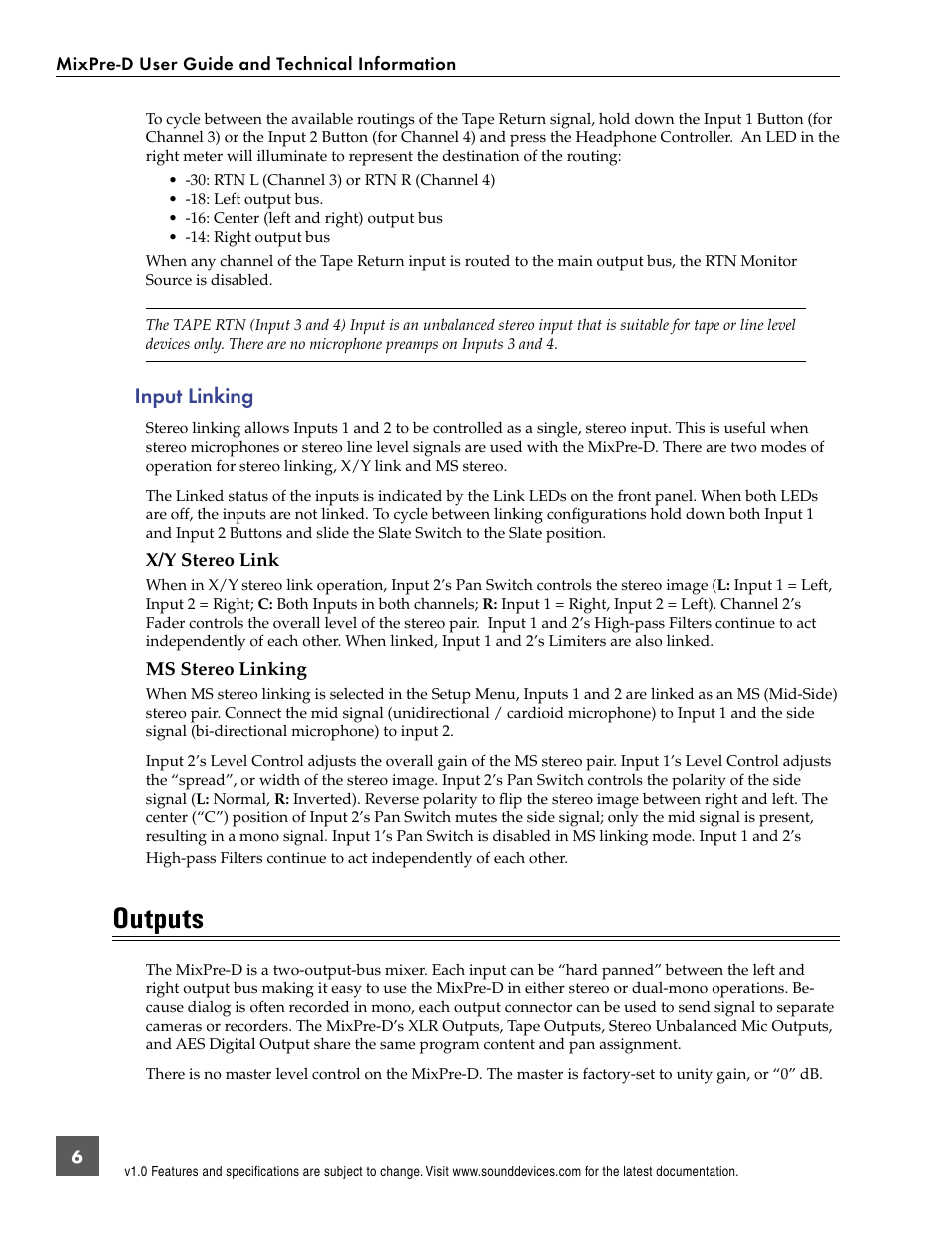 Input linking, X/y stereo link, Ms stereo linking | Outputs, X/y stereo link ms stereo linking | Sound Devices MixPre-D User Manual | Page 8 / 18