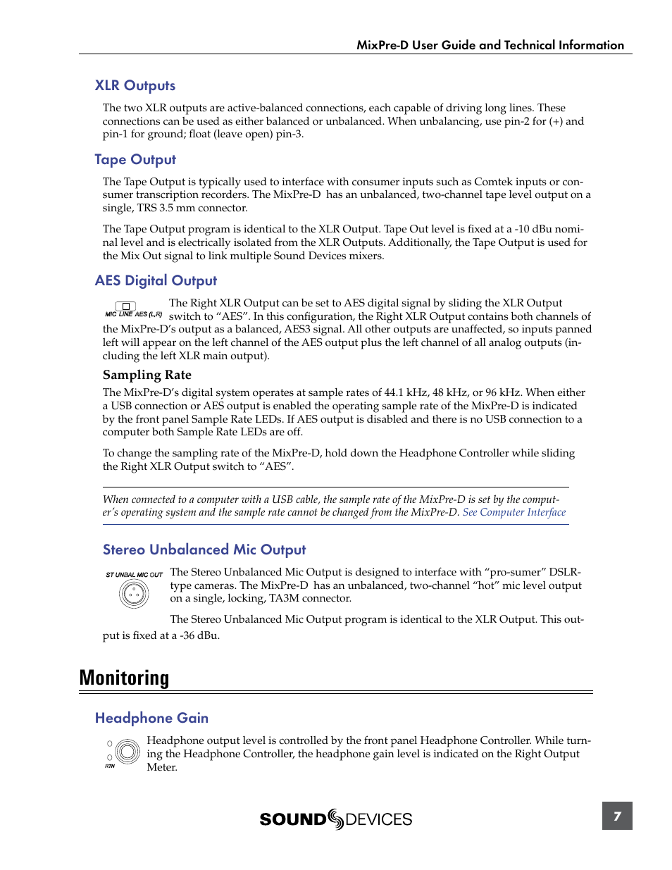 Xlr outputs, Tape output, Aes digital output | Sampling rate, Monitoring, Headphone gain, Xlr outputs tape output aes digital output, Stereo unbalanced mic output | Sound Devices MixPre-D User Manual | Page 9 / 18