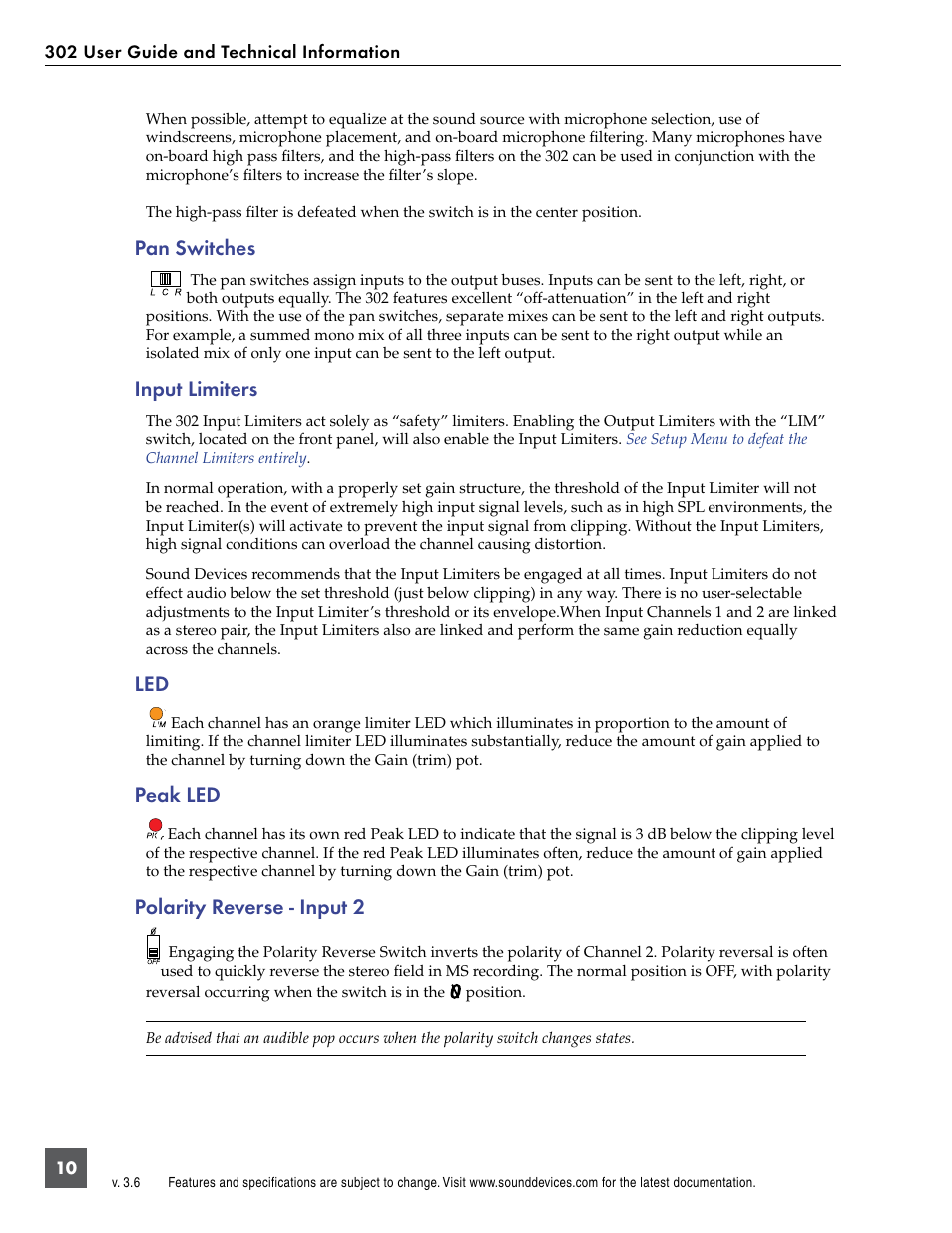 Pan switches, Input limiters, Led 10 peak led | Polarity reverse - input 2, Peak led | Sound Devices 302 User Manual | Page 10 / 30