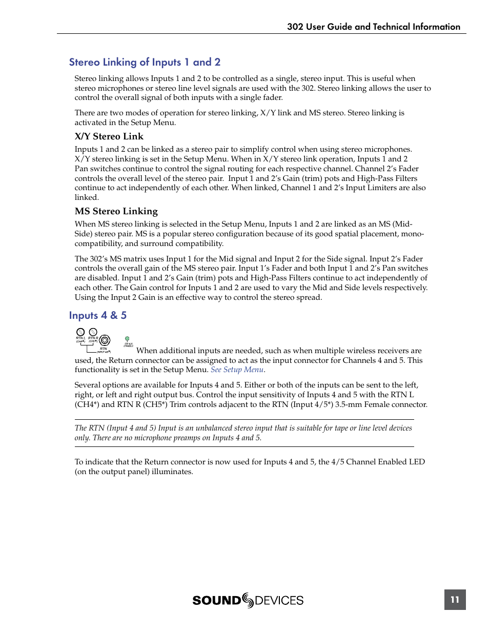 Stereo linking of inputs 1 and 2, Inputs 4 & 5 | Sound Devices 302 User Manual | Page 11 / 30