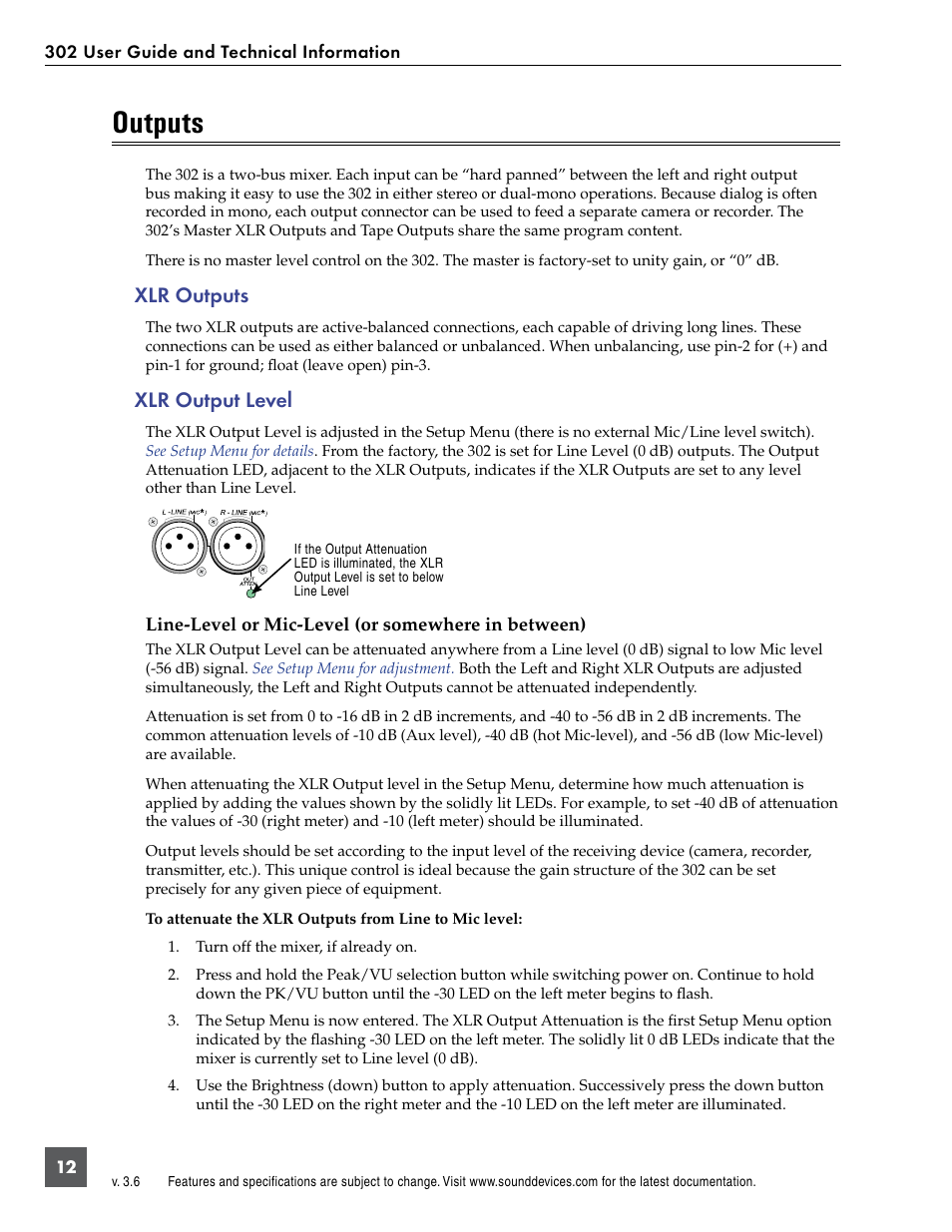 Outputs, Xlr outputs, Xlr output level | Sound Devices 302 User Manual | Page 12 / 30