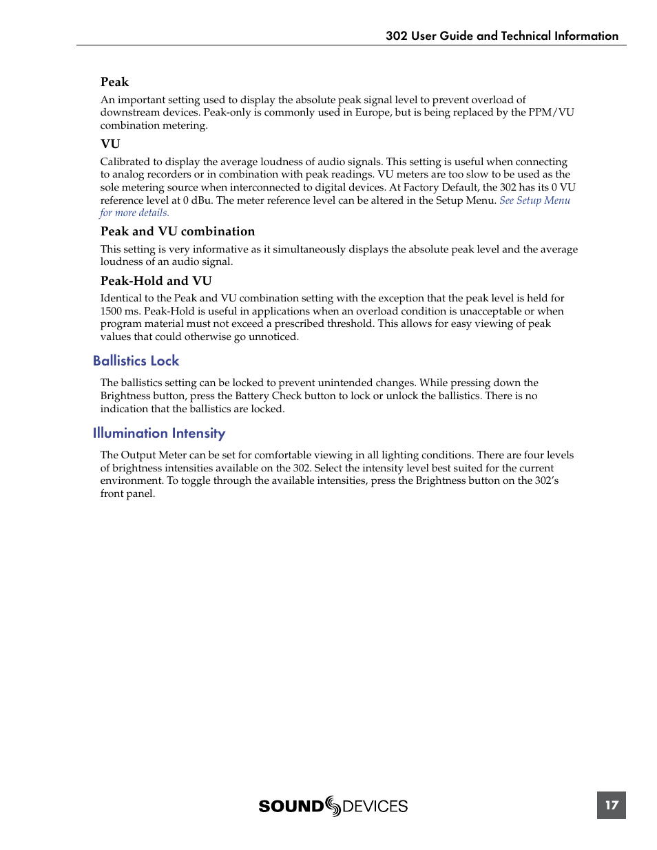 Ballistics lock, Illumination intensity | Sound Devices 302 User Manual | Page 17 / 30