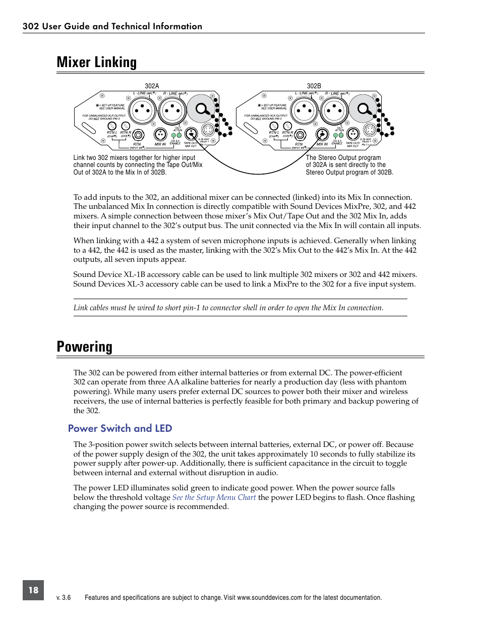 Mixer linking powering, Power switch and led, Mixer linking | Powering | Sound Devices 302 User Manual | Page 18 / 30