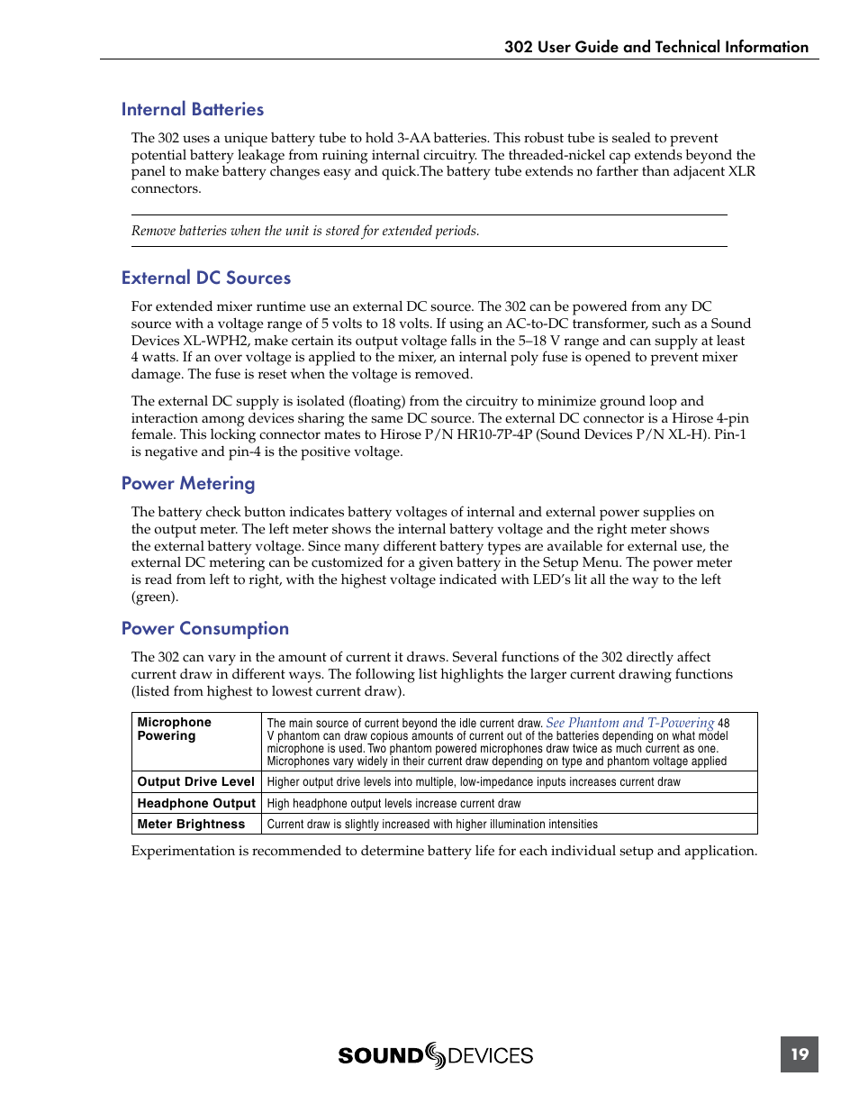 Internal batteries, External dc sources, Power metering | Power consumption | Sound Devices 302 User Manual | Page 19 / 30