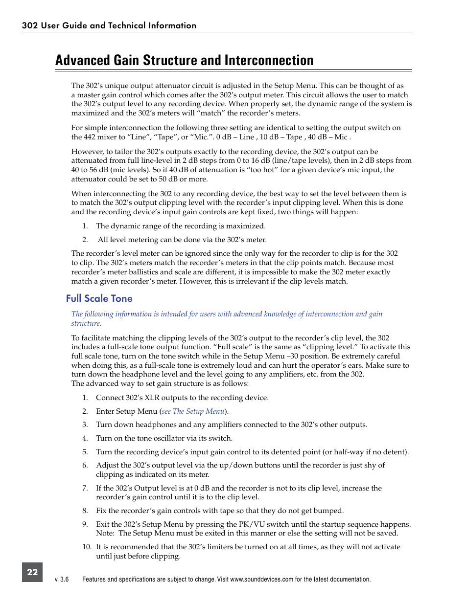 Advanced gain structure and interconnection, Full scale tone | Sound Devices 302 User Manual | Page 22 / 30