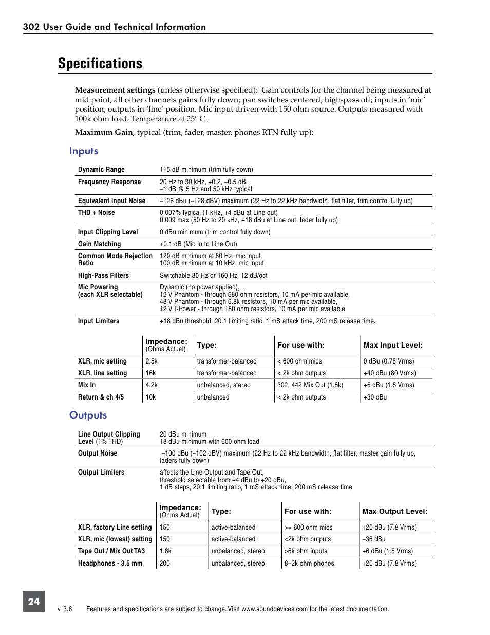 Specifications, Inputs, Outputs | Sound Devices 302 User Manual | Page 24 / 30