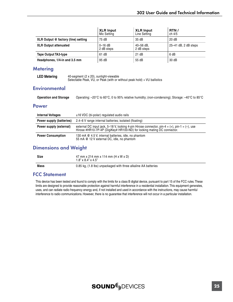 Metering, Environmental, Power | Dimensions and weight, Fcc statement | Sound Devices 302 User Manual | Page 25 / 30