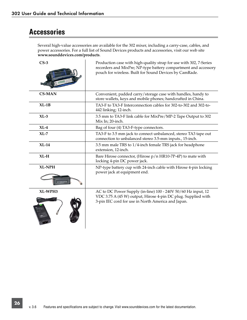 Accessories | Sound Devices 302 User Manual | Page 26 / 30