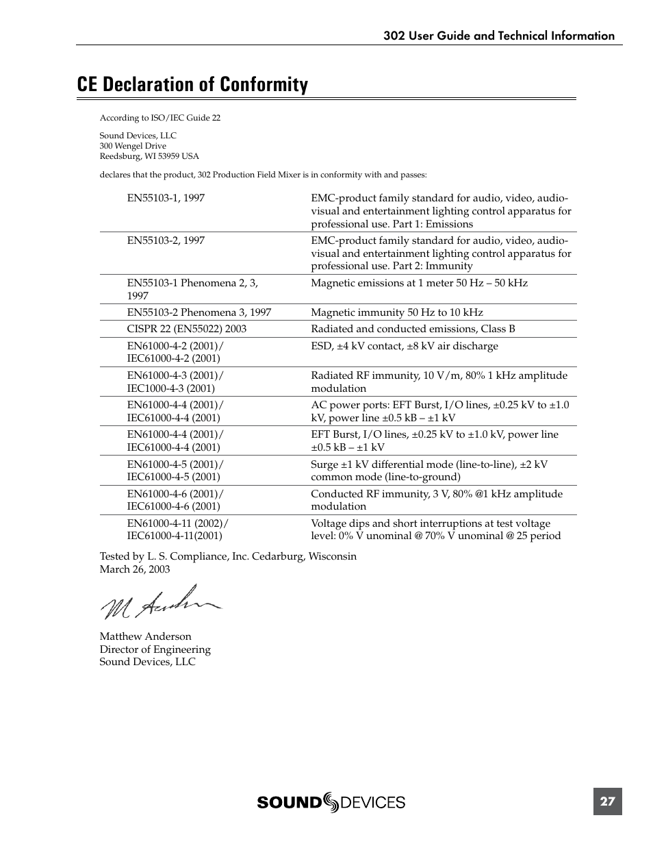 Ce declaration of conformity | Sound Devices 302 User Manual | Page 27 / 30
