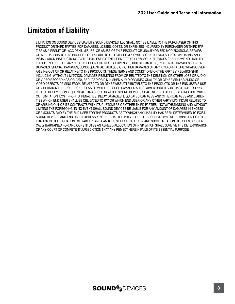 Limitation of liability | Sound Devices 302 User Manual | Page 3 / 30