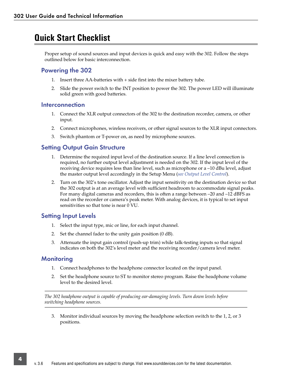 Quick start checklist, Powering the 302, Interconnection | Setting output gain structure, Setting input levels, Monitoring | Sound Devices 302 User Manual | Page 4 / 30