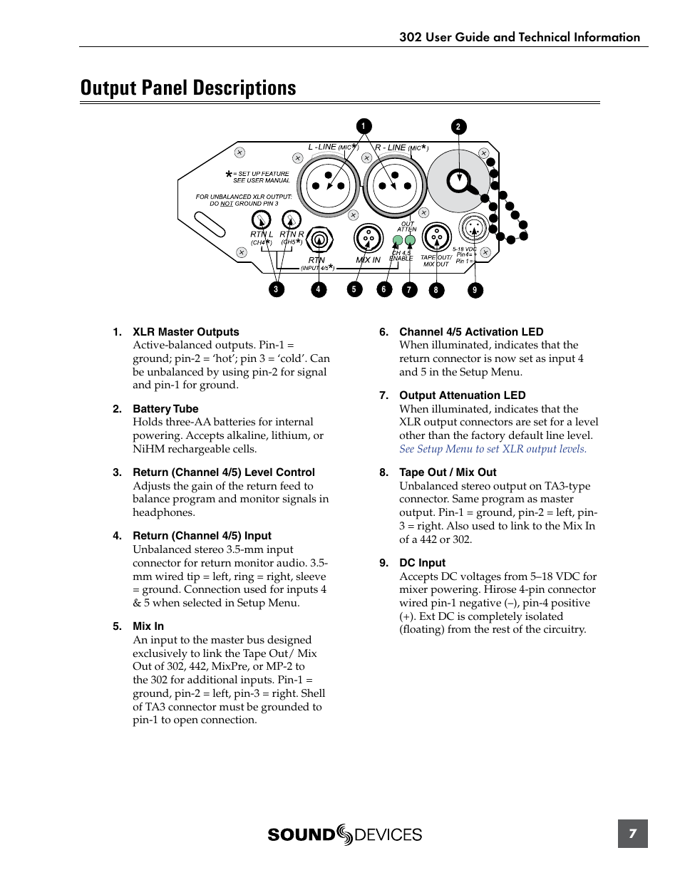 Output panel descriptions | Sound Devices 302 User Manual | Page 7 / 30