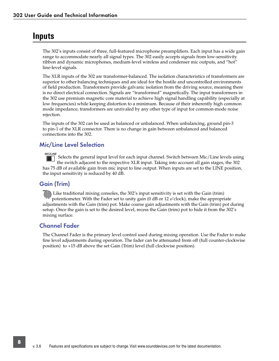 Inputs, Mic/line level selection, Gain (trim) | Channel fader | Sound Devices 302 User Manual | Page 8 / 30