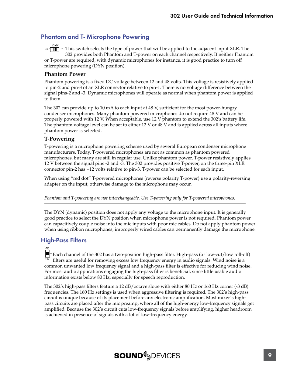 Phantom and t- microphone powering, High-pass filters | Sound Devices 302 User Manual | Page 9 / 30
