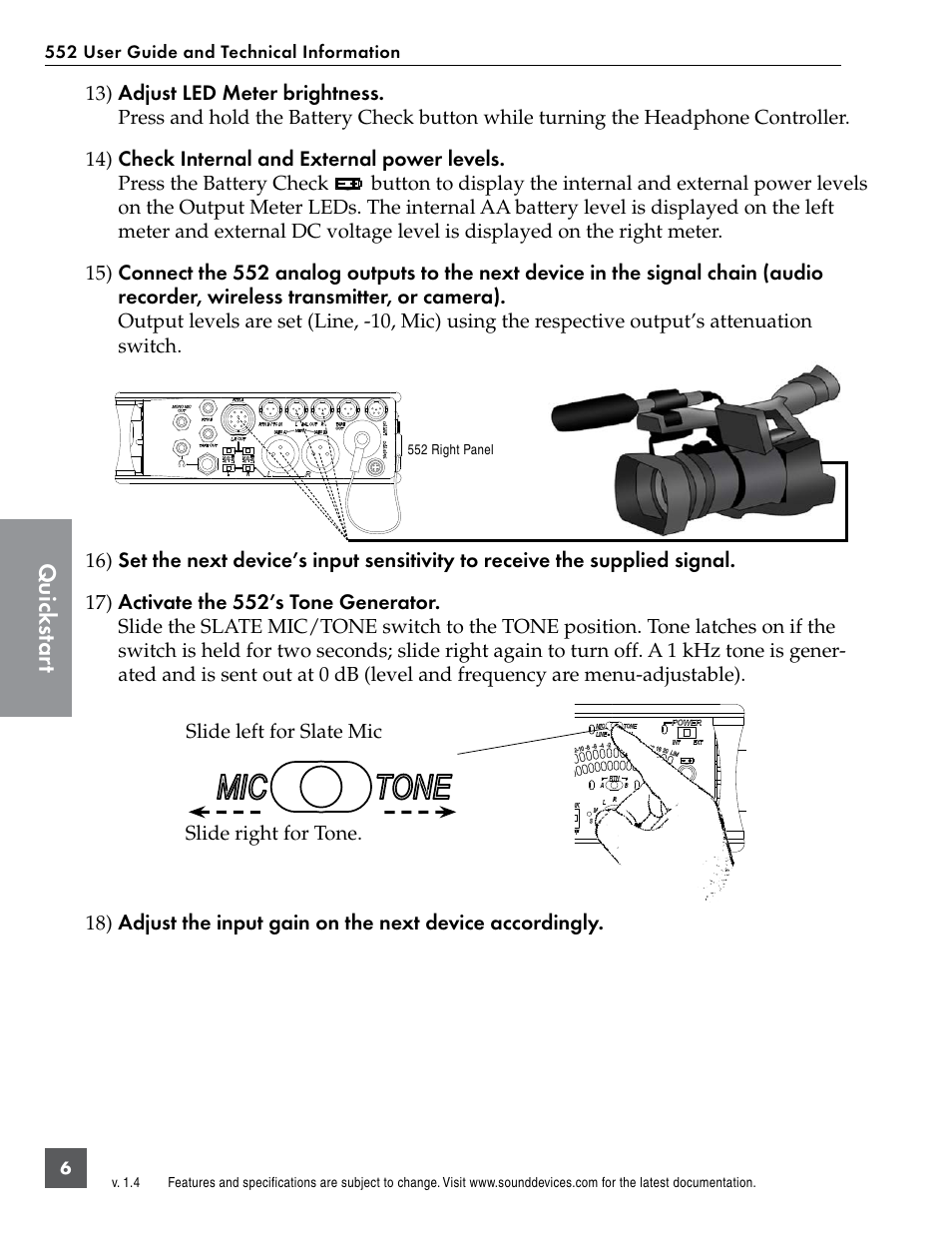 Quic ks tar t | Sound Devices 552 User Manual | Page 10 / 60