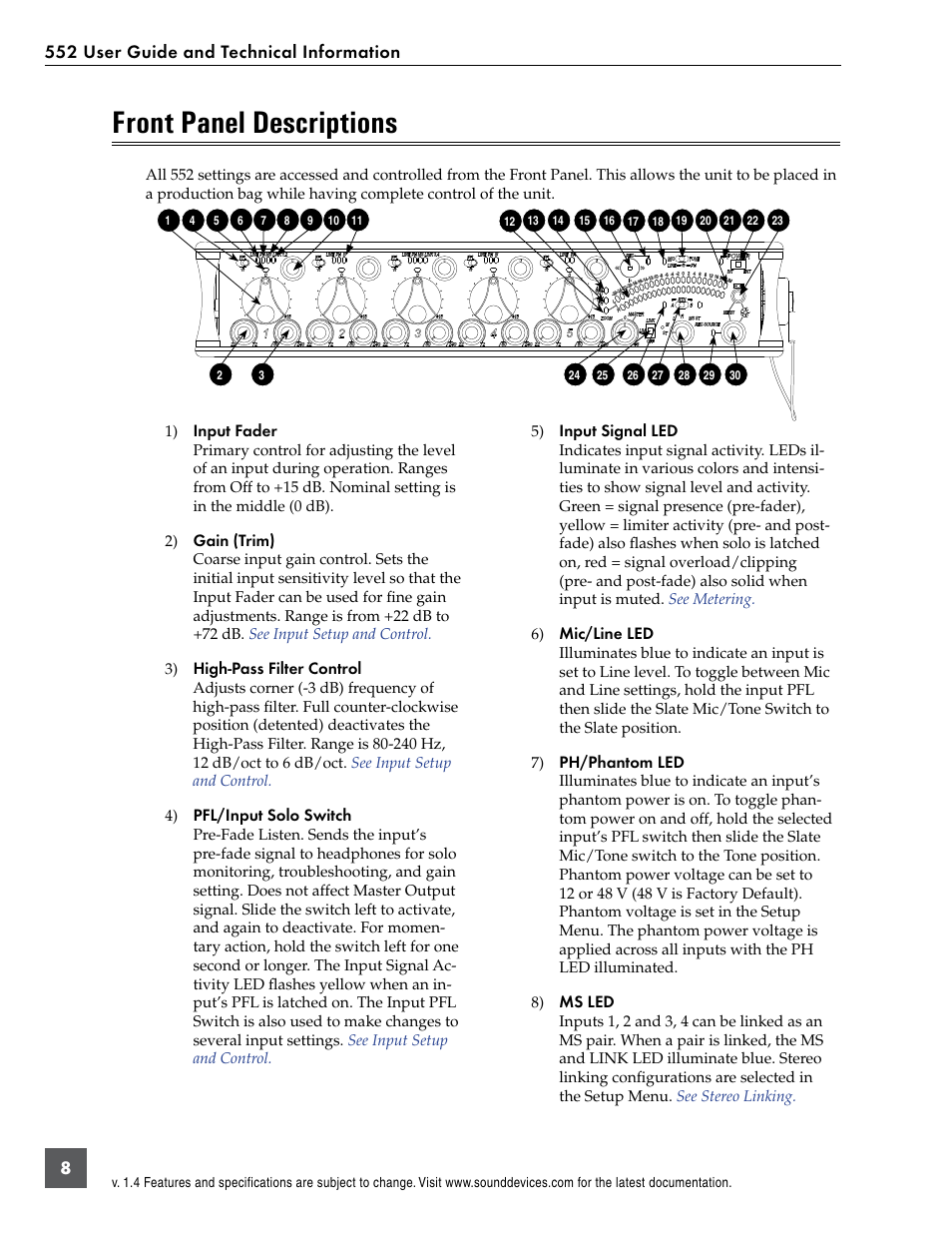 Front panel descriptions | Sound Devices 552 User Manual | Page 12 / 60