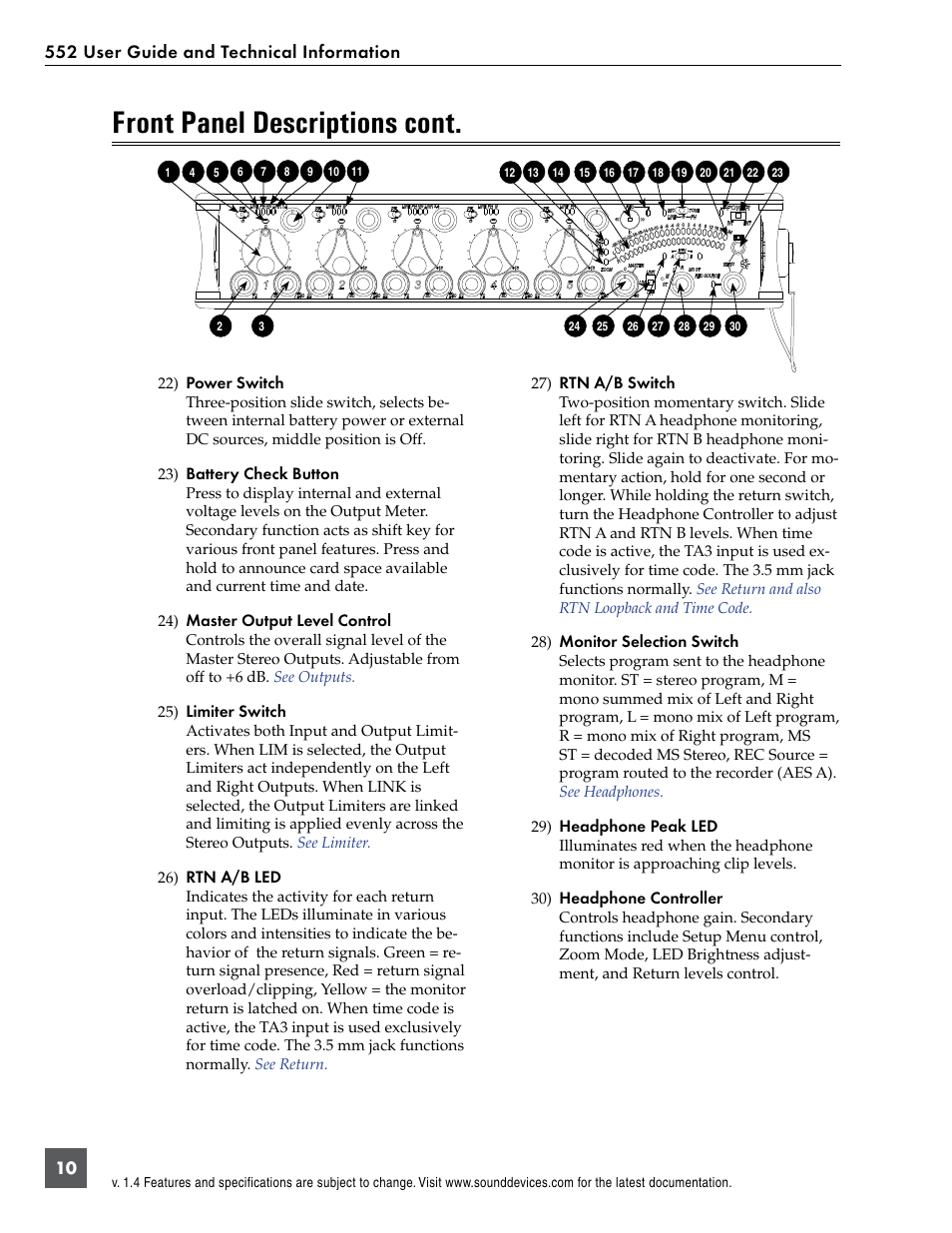 Front panel descriptions cont | Sound Devices 552 User Manual | Page 14 / 60