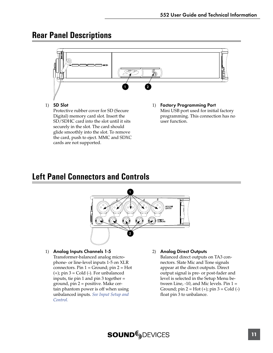 Rear panel descriptions, Left panel connectors and controls | Sound Devices 552 User Manual | Page 15 / 60