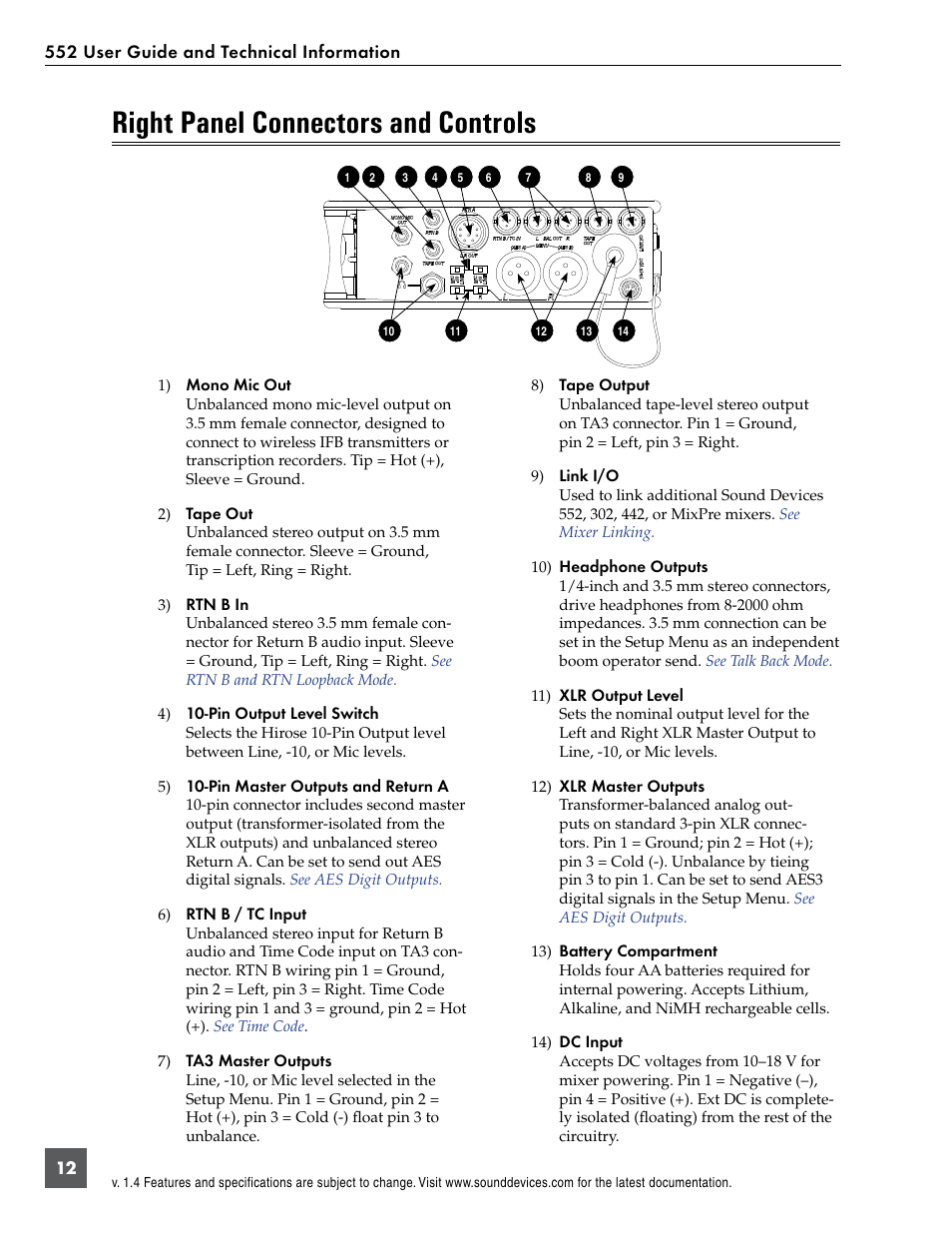 Right panel connectors and controls | Sound Devices 552 User Manual | Page 16 / 60