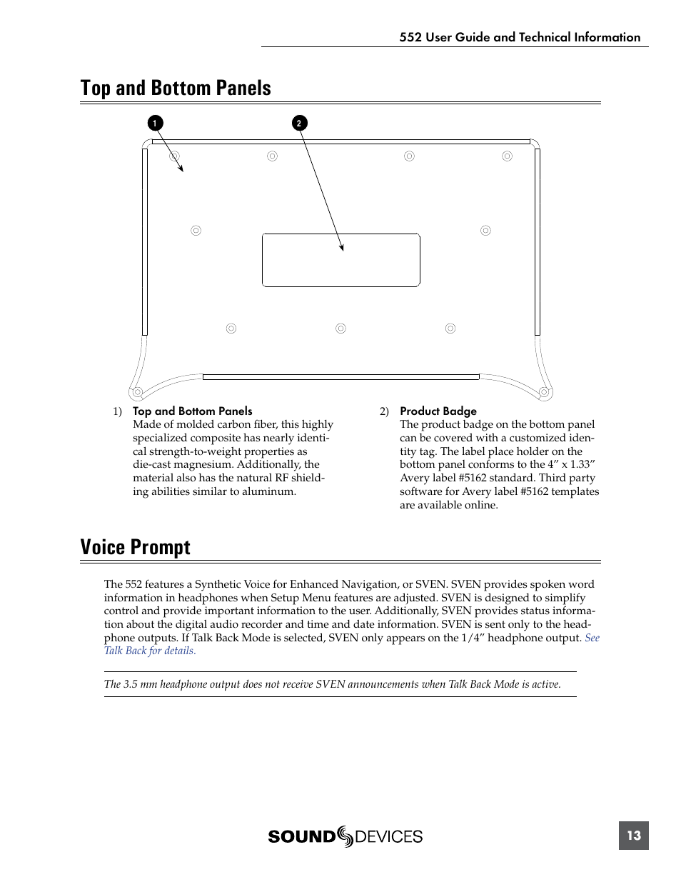 Top and bottom panels voice prompt, Top and bottom panels, Voice prompt | Sound Devices 552 User Manual | Page 17 / 60