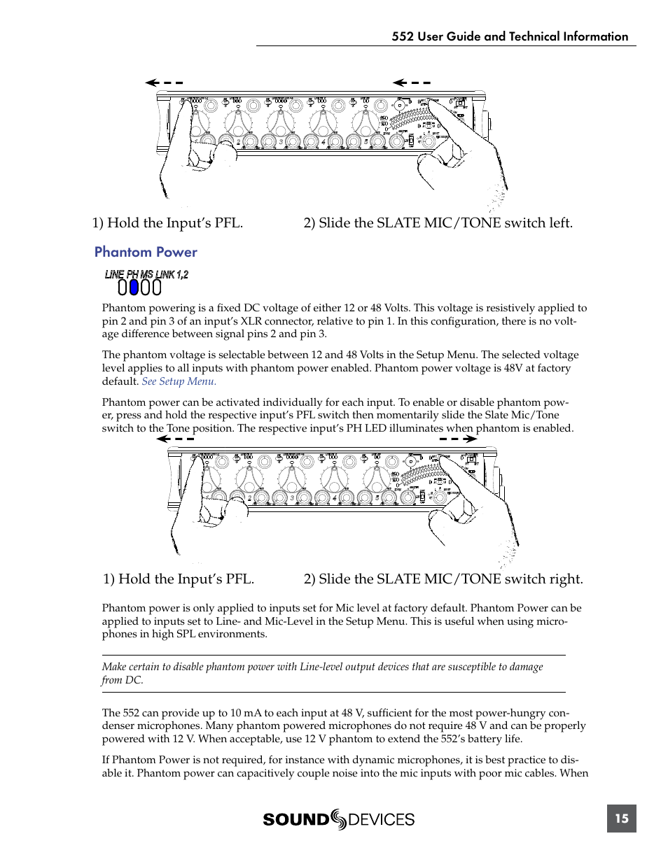 Phantom power | Sound Devices 552 User Manual | Page 19 / 60
