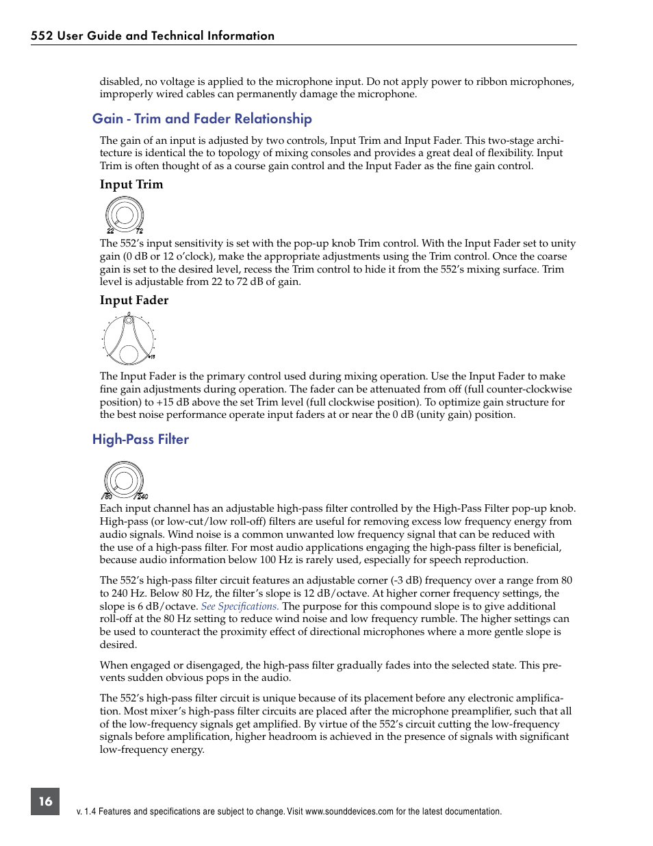 Gain - trim and fader relationship, Input trim input fader, High-pass filter | Sound Devices 552 User Manual | Page 20 / 60