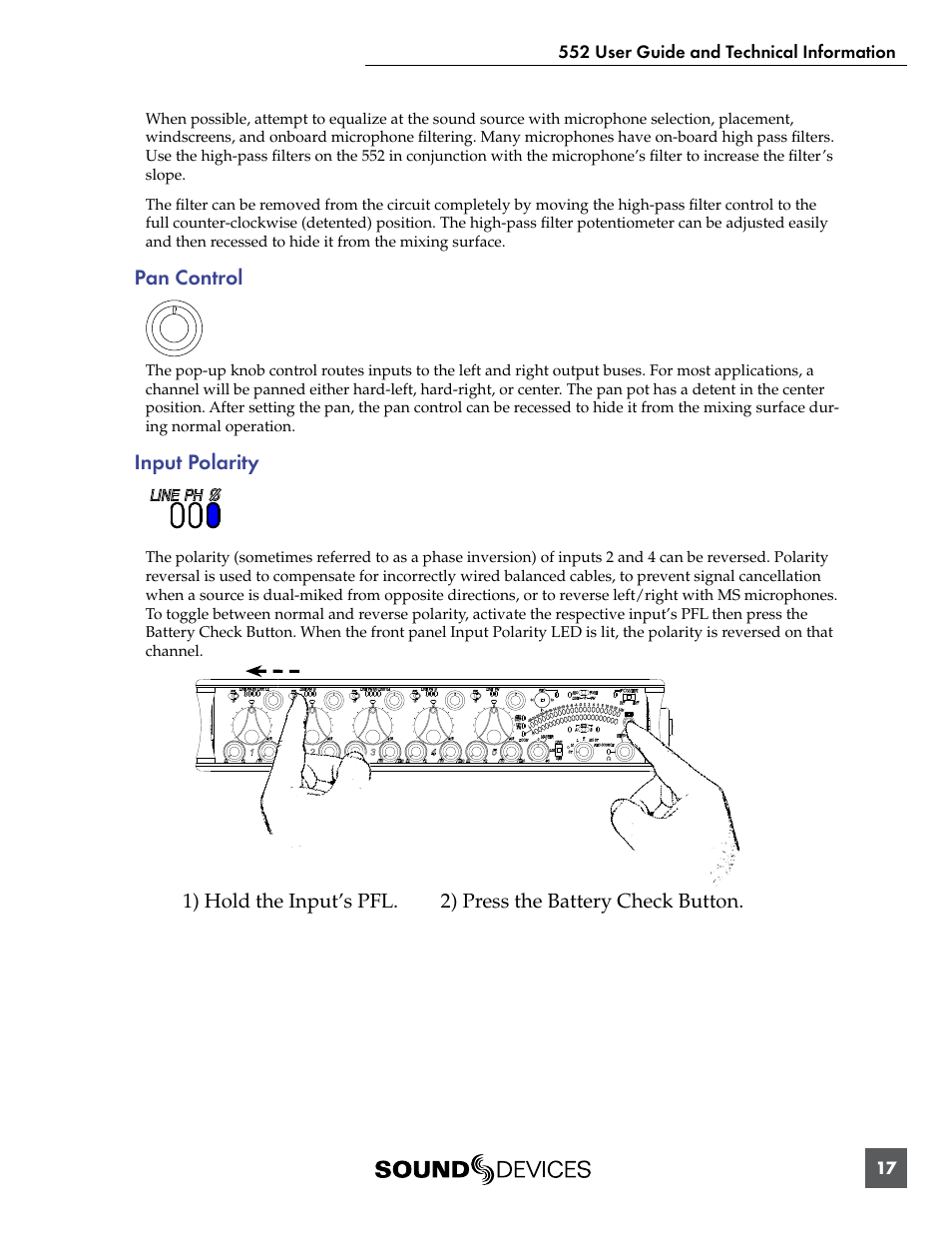 Pan control input polarity, Pan control, Input polarity | Sound Devices 552 User Manual | Page 21 / 60