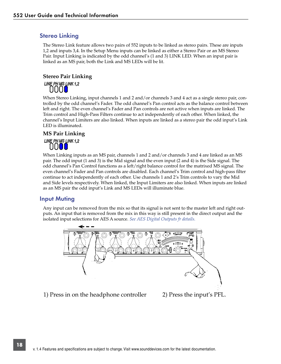 Stereo linking, Stereo pair linking ms pair linking, Input muting | Sound Devices 552 User Manual | Page 22 / 60