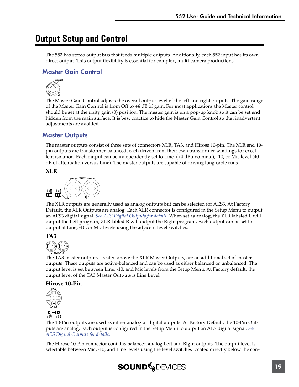 Output setup and control, Master gain control master outputs, Xlr ta3 hirose 10-pin | Master gain control, Master outputs | Sound Devices 552 User Manual | Page 23 / 60