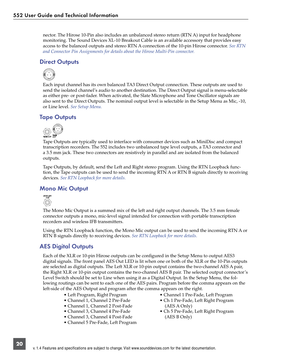 Direct outputs, Tape outputs, Mono mic output | Aes digital outputs | Sound Devices 552 User Manual | Page 24 / 60