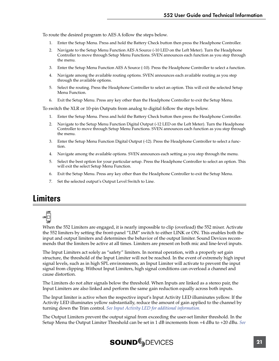Limiters | Sound Devices 552 User Manual | Page 25 / 60