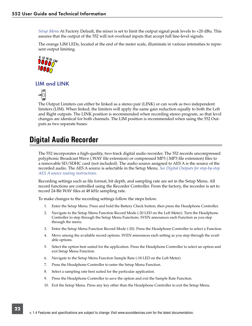 Lim and link, Digital audio recorder | Sound Devices 552 User Manual | Page 26 / 60