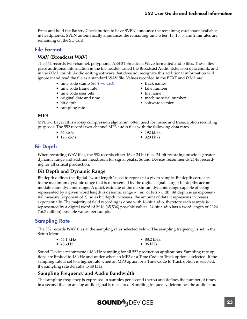 File format, Wav (broadcast wav) mp3, Bit depth | Bit depth and dynamic range, Sampling rate, Sampling frequency and audio bandwidth | Sound Devices 552 User Manual | Page 27 / 60