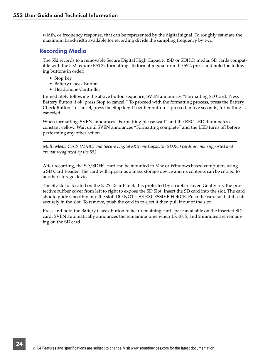 Recording media | Sound Devices 552 User Manual | Page 28 / 60