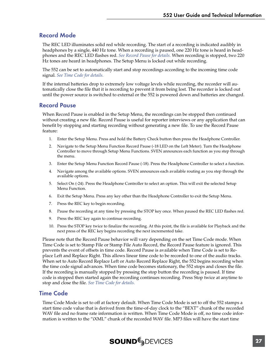 Record mode record pause time code, Record mode, Record pause | Time code | Sound Devices 552 User Manual | Page 31 / 60