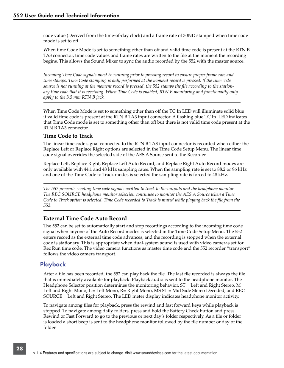 Time code to track external time code auto record, Playback | Sound Devices 552 User Manual | Page 32 / 60