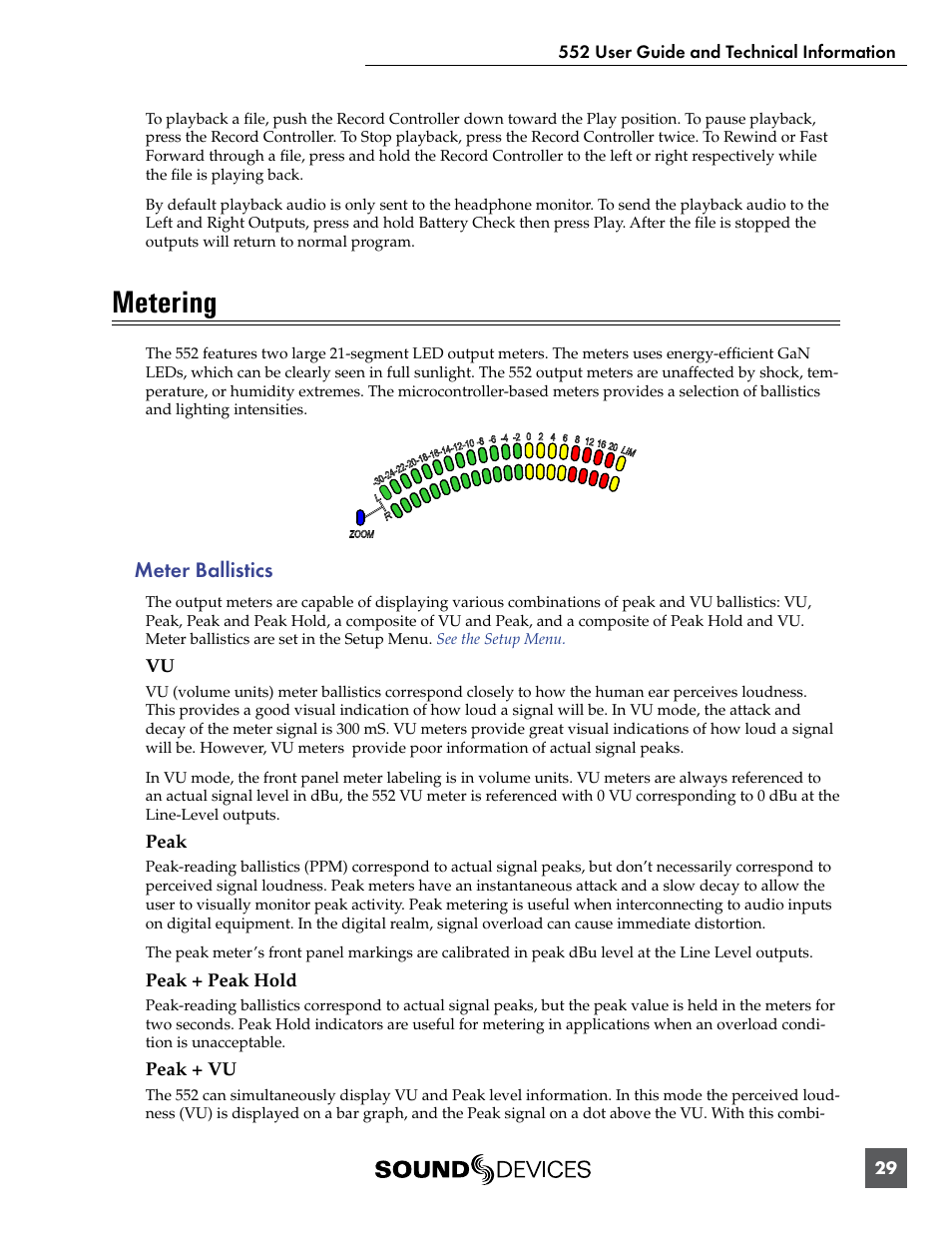 Metering, Meter ballistics, Vu peak peak + peak hold peak + vu | Sound Devices 552 User Manual | Page 33 / 60