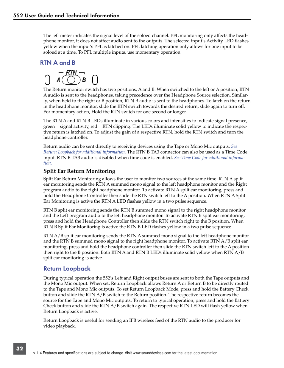 Rtn a and b, Split ear return monitoring, Return loopback | Sound Devices 552 User Manual | Page 36 / 60