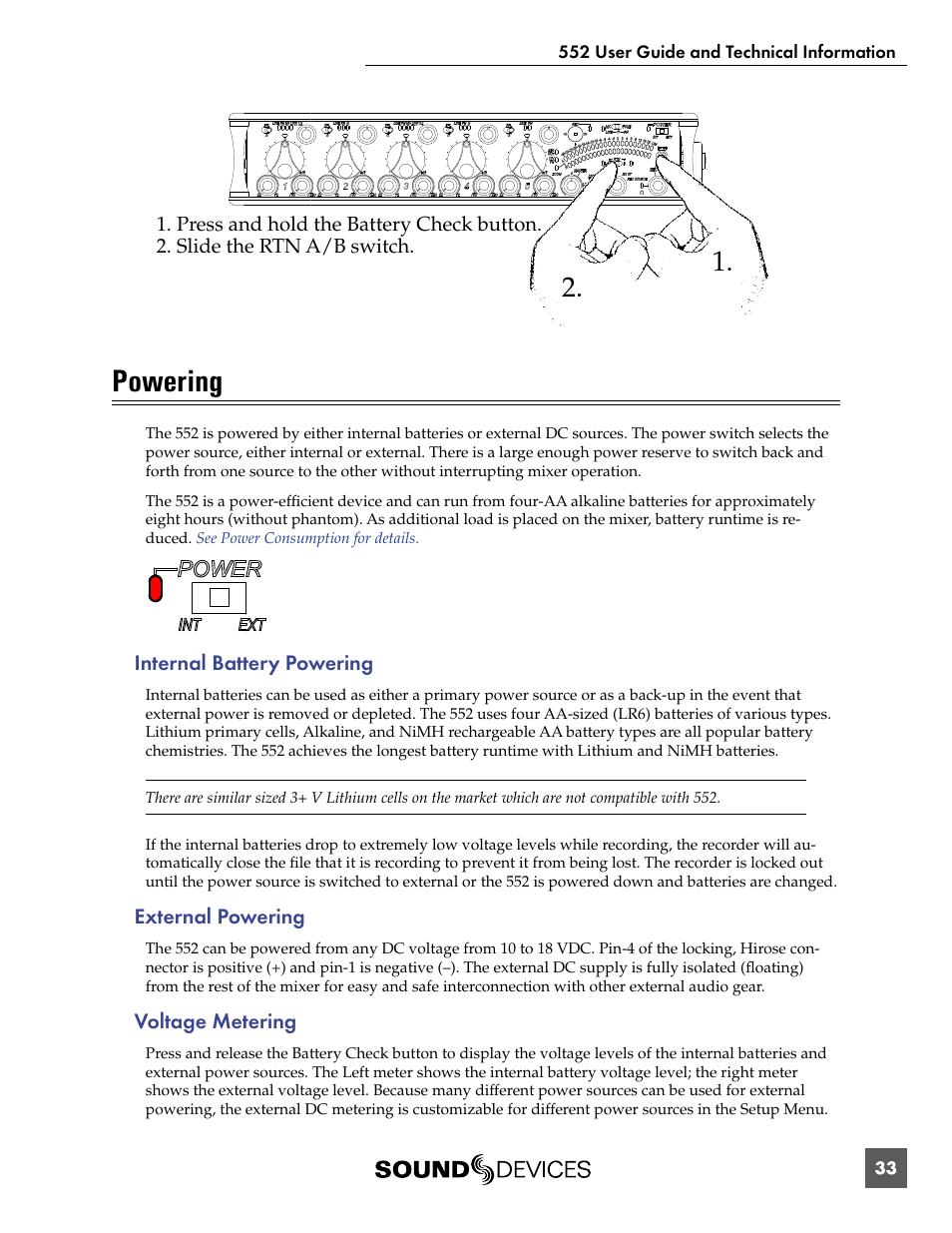 Powering, Internal battery powering, External powering | Voltage metering | Sound Devices 552 User Manual | Page 37 / 60