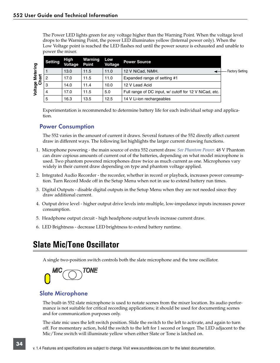 Power consumption, Slate mic/tone oscillator, Slate microphone | Sound Devices 552 User Manual | Page 38 / 60