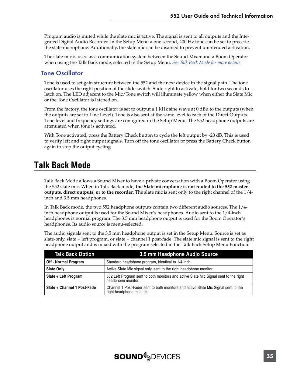 Tone oscillator, Talk back mode | Sound Devices 552 User Manual | Page 39 / 60