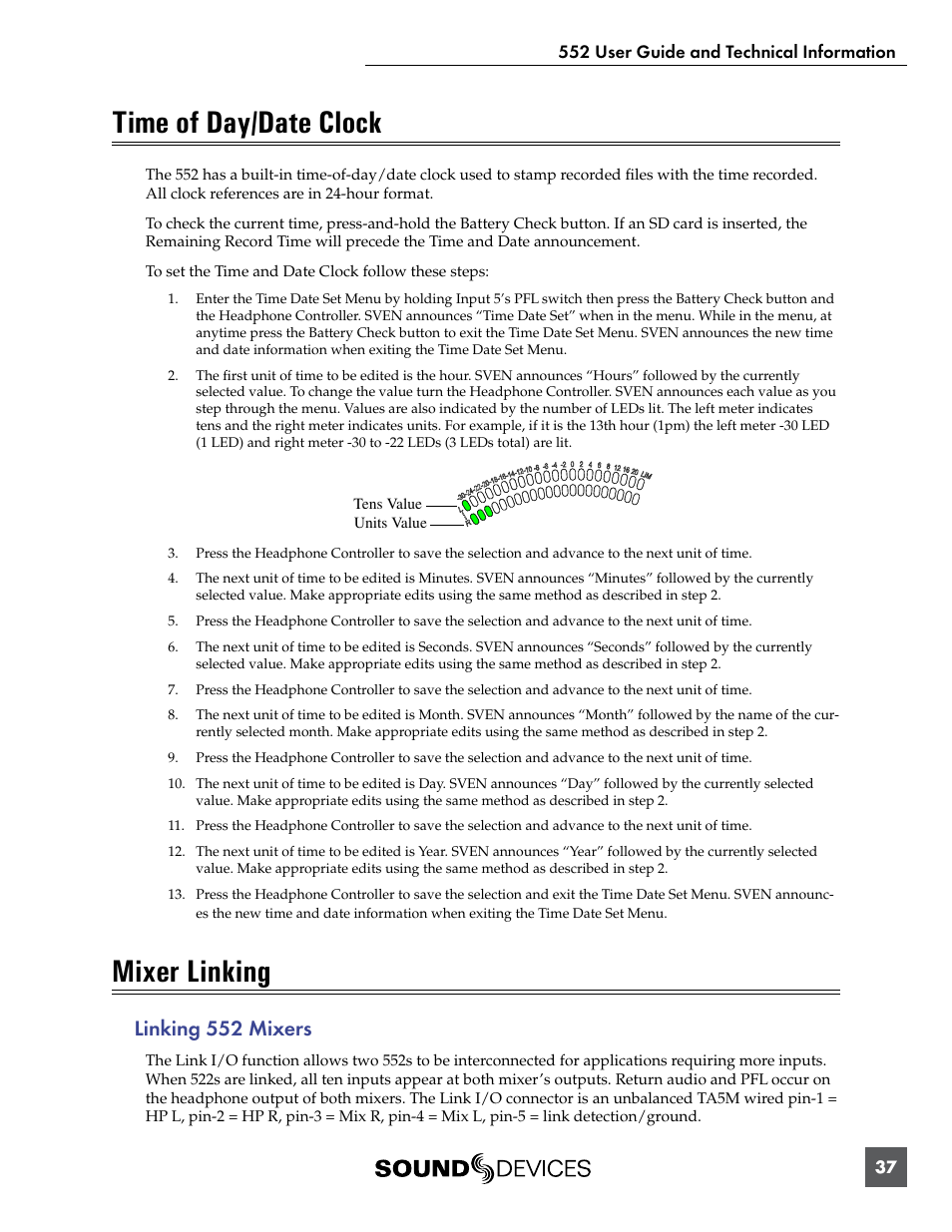 Time of day/date clock mixer linking, Linking 552 mixers, Time of day/date clock | Mixer linking | Sound Devices 552 User Manual | Page 41 / 60