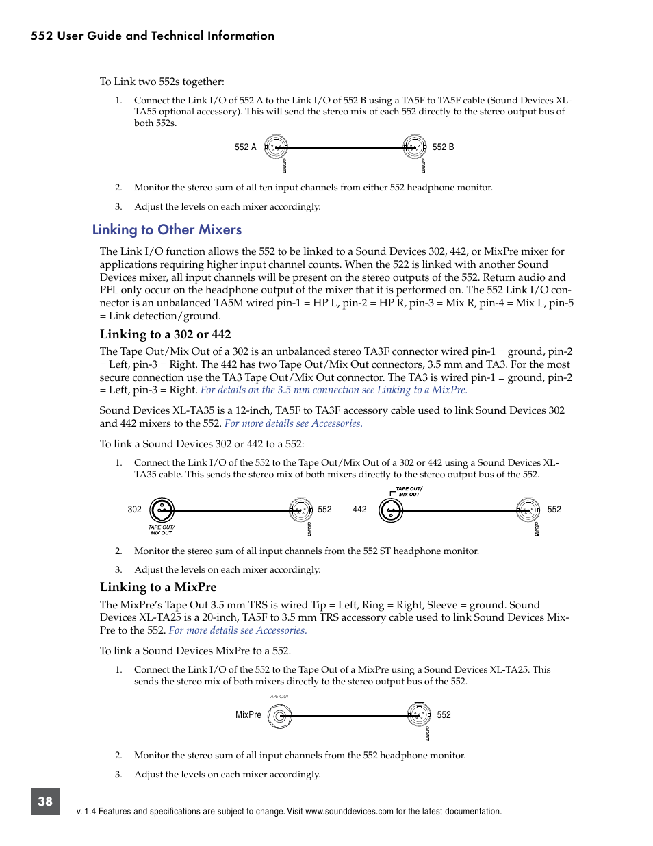 Linking to other mixers, Linking to a 302 or 442 linking to a mixpre, Linking to a mixpre | Sound Devices 552 User Manual | Page 42 / 60