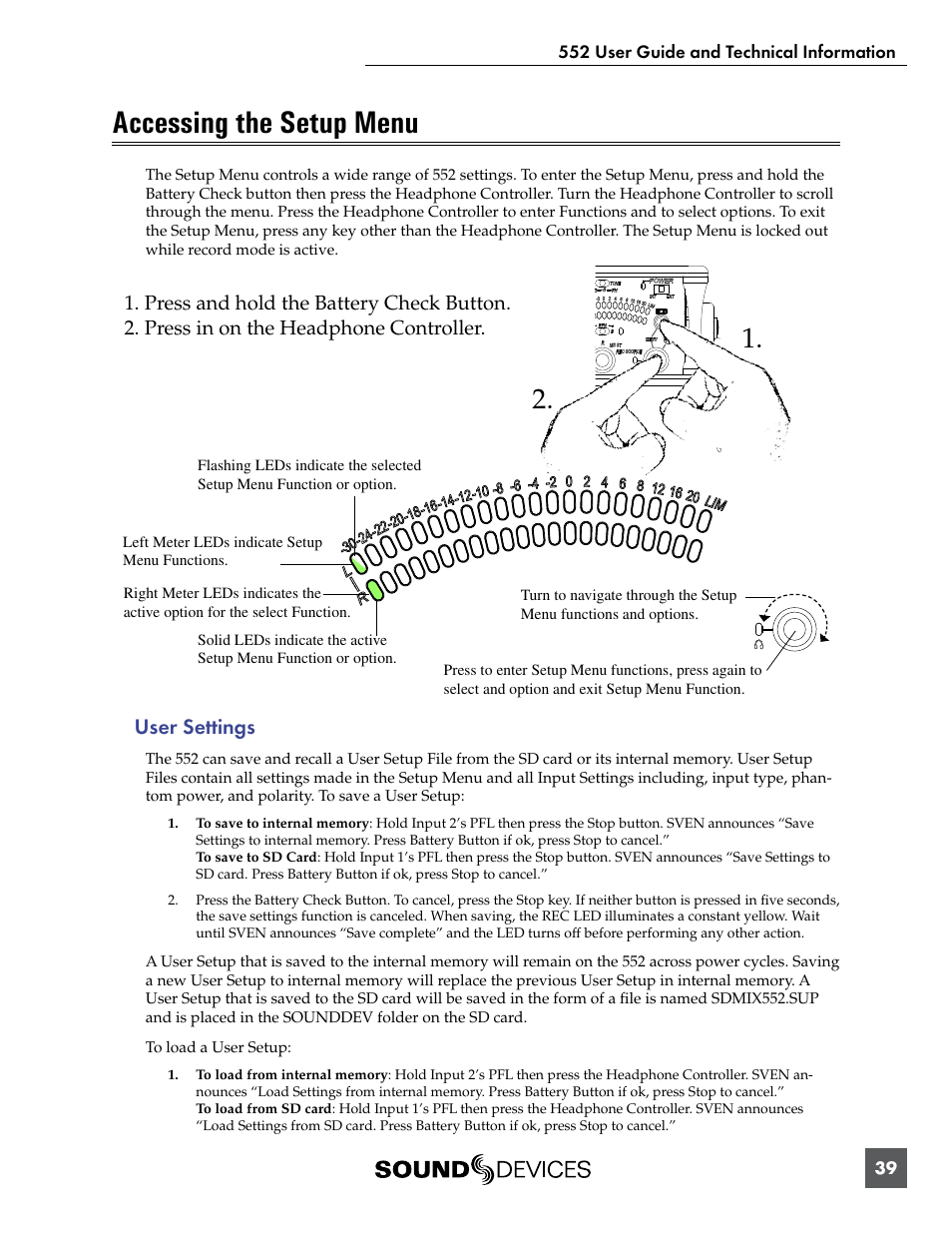 Accessing the setup menu, User settings | Sound Devices 552 User Manual | Page 43 / 60