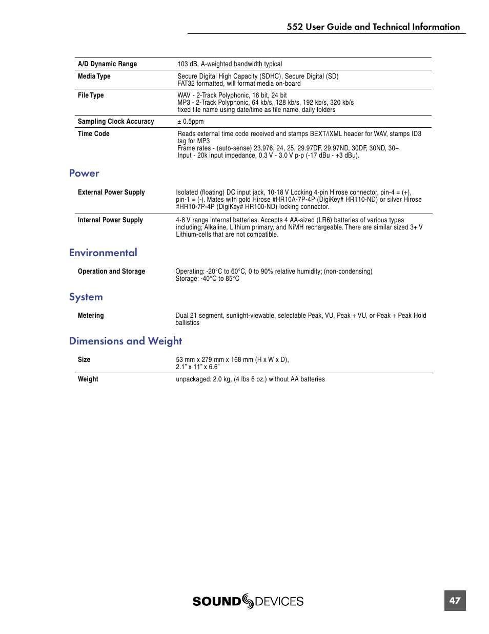 Power, Environmental, System | Dimensions and weight | Sound Devices 552 User Manual | Page 51 / 60
