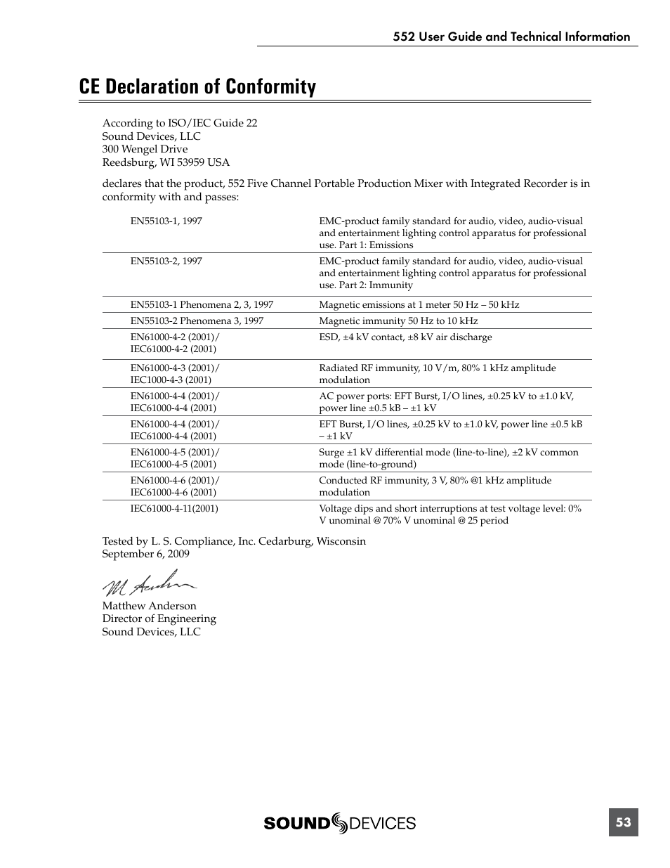 Ce declaration of conformity | Sound Devices 552 User Manual | Page 57 / 60