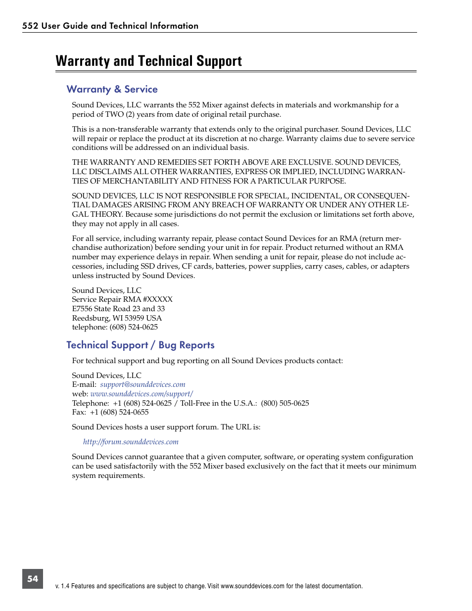 Warranty and technical support, Warranty & service, Technical support / bug reports | Sound Devices 552 User Manual | Page 58 / 60