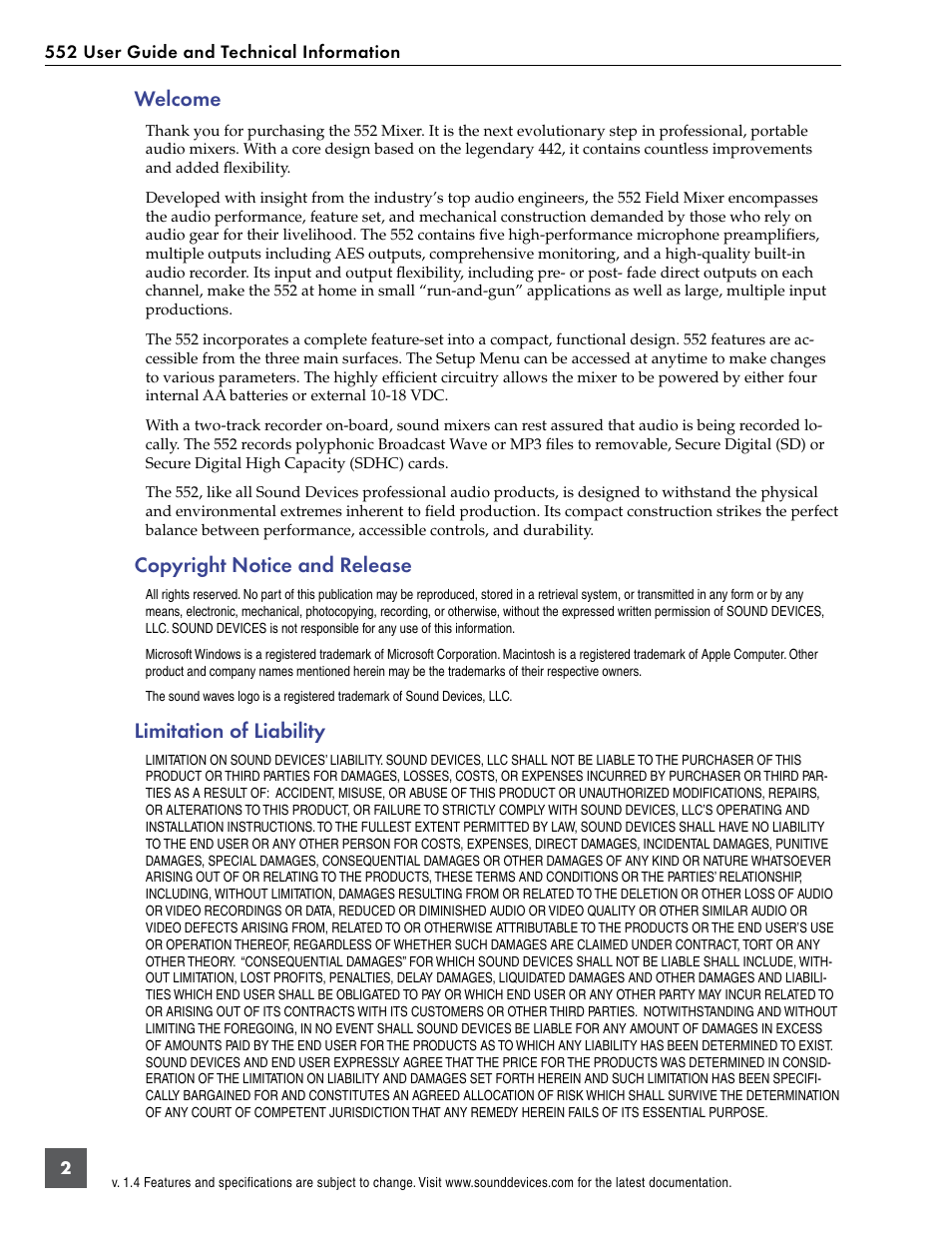 Welcome, Copyright notice and release, Limitation of liability | Sound Devices 552 User Manual | Page 6 / 60